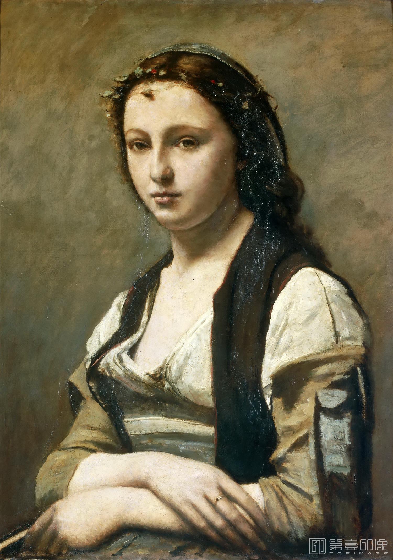 油画-卢浮宫-Коро, Жан-Батист-Камиль (Париж 1796-1875)Женщина с жемчужинойB-1951